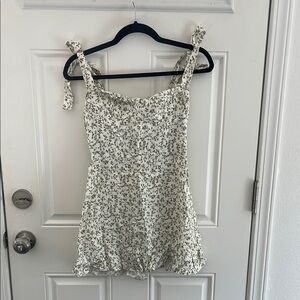 Reformation White and Green Smocked Tie Front Mini Dress